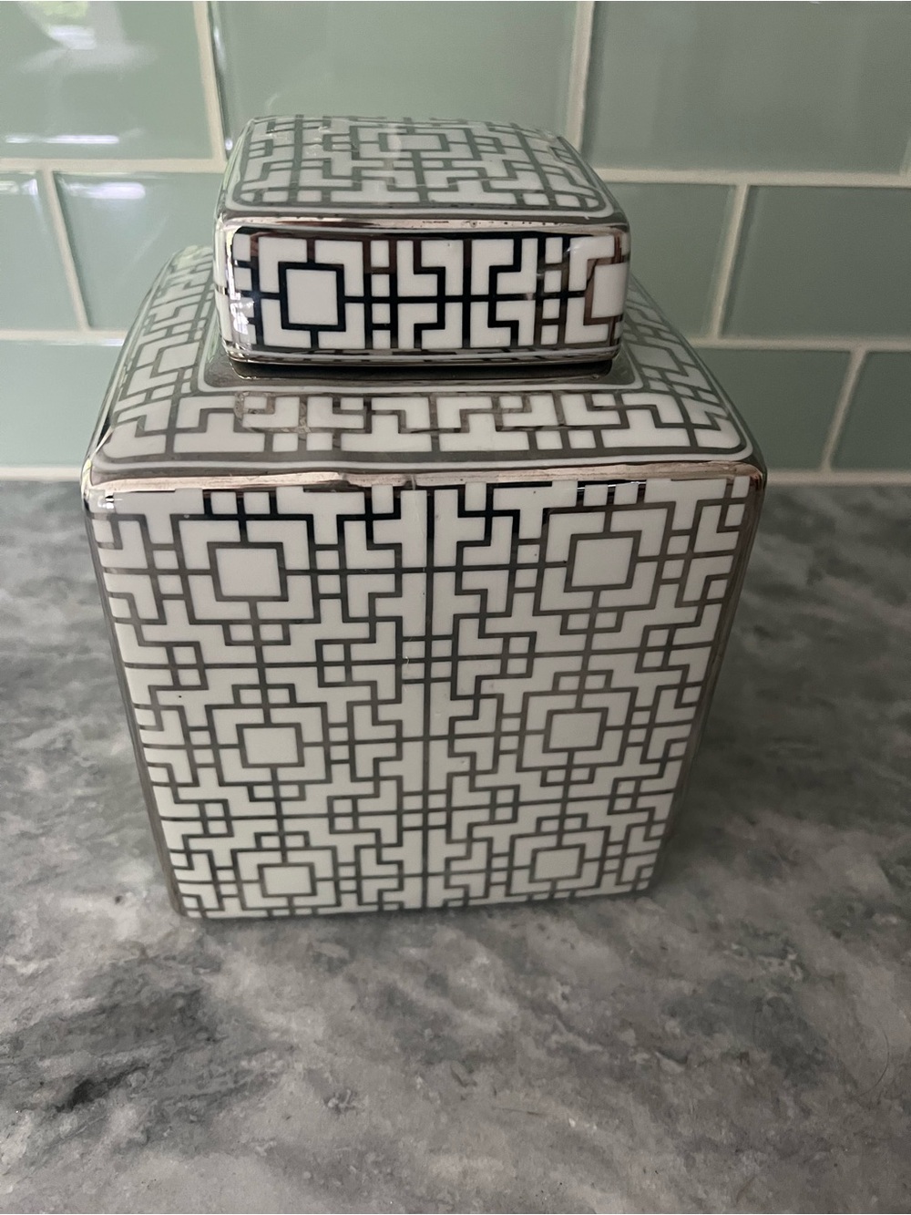 Geometric Ceramic Ginger Jar - White and Silver